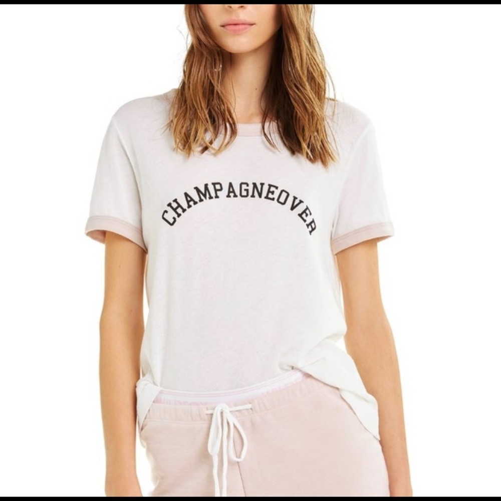 Wildfox | White Casual Fit Pink Lined CHAMPAGNEOVER Tee Shirt | Brunch Vacation